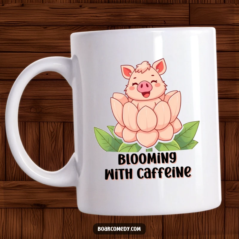 Funny mug showcasing a bubbly boar character joyfully popping out of a gigantic flower with a cheerful squeal.