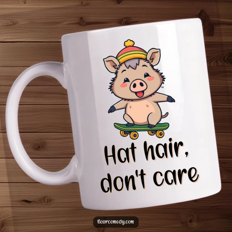 Funny cheerful boar wearing a tiny hat rides a skateboard with a big smile on a coffee mug.