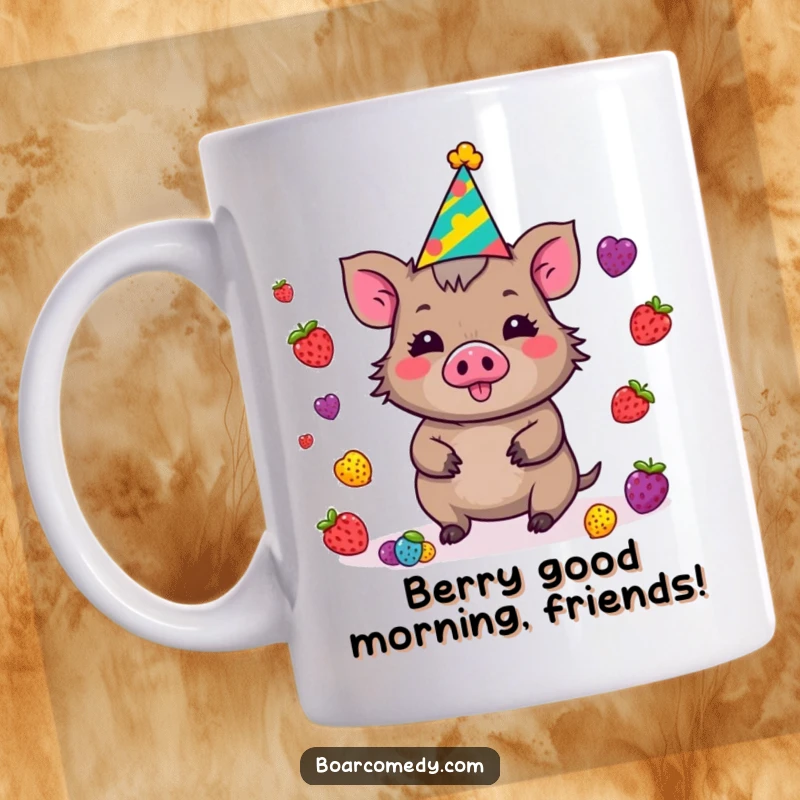Funny Kawaii Boar Mug with a party hat, joyfully juggling vibrant berries, embodying a playful and festive personality.