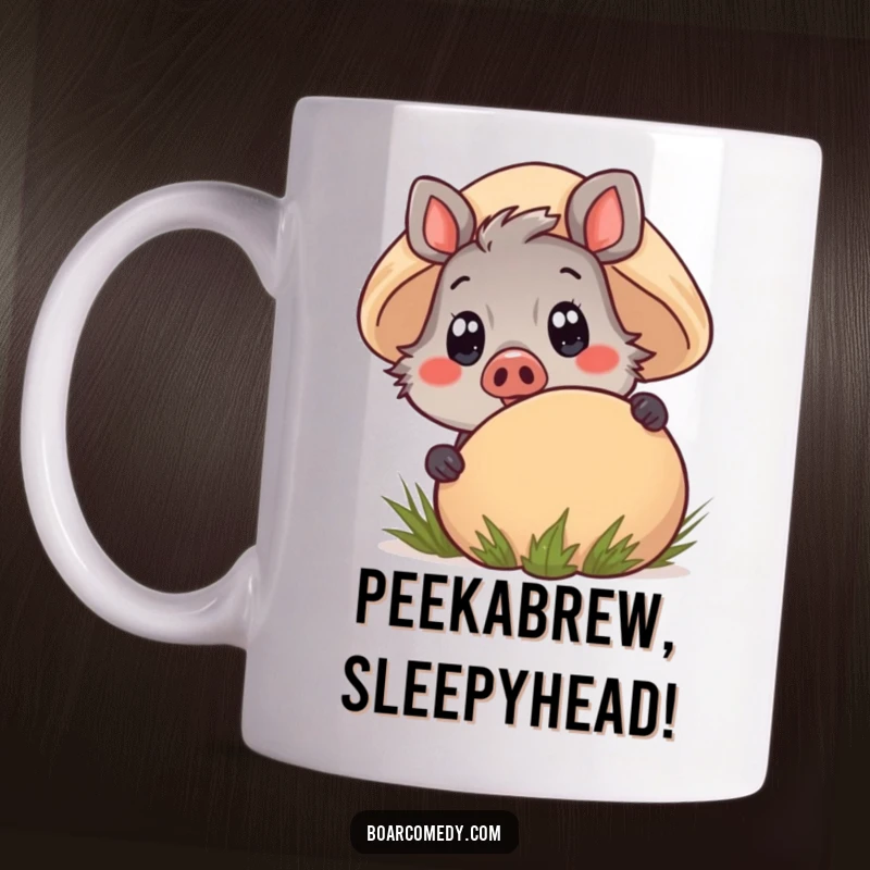Funny Kawaii Boar Mug peeking mischievously from behind a giant mushroom, with wide, curious eyes full of playful wonder.