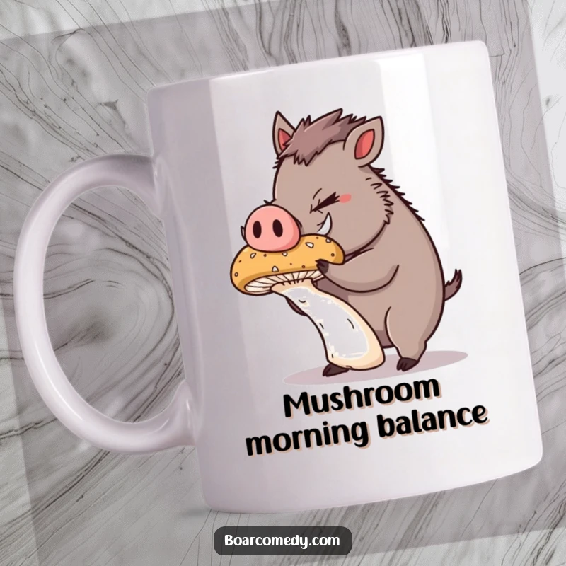 Funny Mug: Cute, plump boar concentrating hard to balance a giant, wobbly mushroom on its snout with comical intensity.