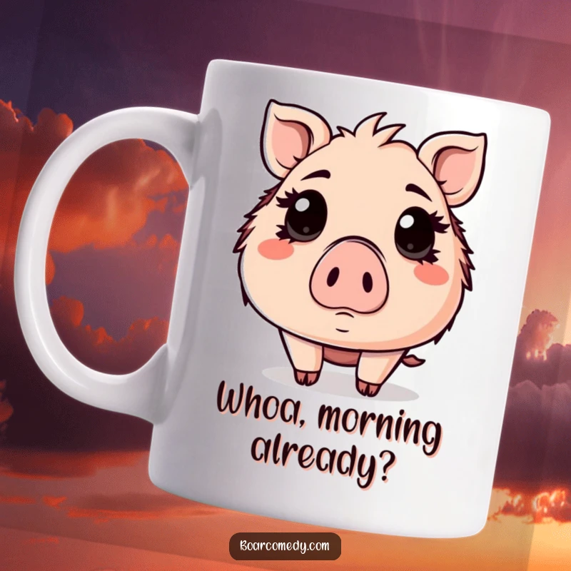Funny Kawaii boar mug, a cute boar with wide, surprised eyes, expressing delightful shock.