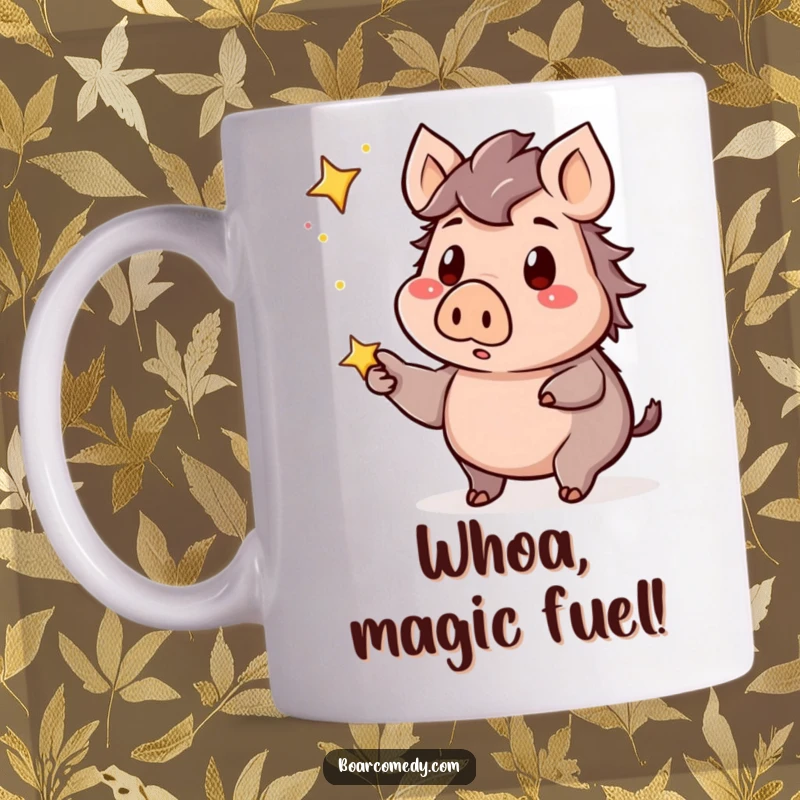 Funny surprised kawaii boar mug, pointing with wide eyes at a beautifully twinkling star in the night sky, evoking awe.