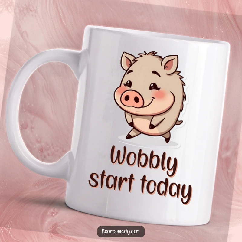 Funny small round boar character with a funny, surprised expression trips slightly on a coffee mug.