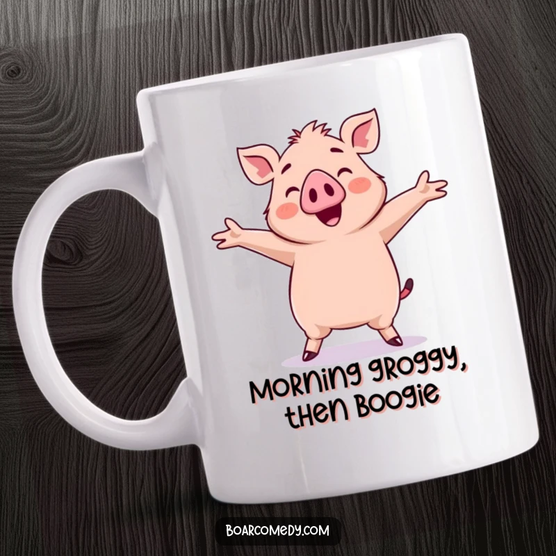 Funny Kawaii Boar Mug: A joyful kawaii boar is caught mid-silly dance with arms wide open, radiating pure fun.