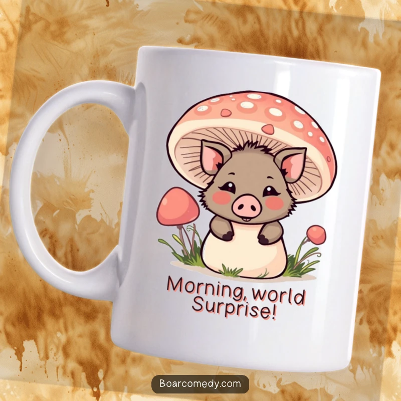 Funny Kawaii Boar Mushroom Mug: A cute kawaii boar playfully peeks from behind a large, colorful mushroom.