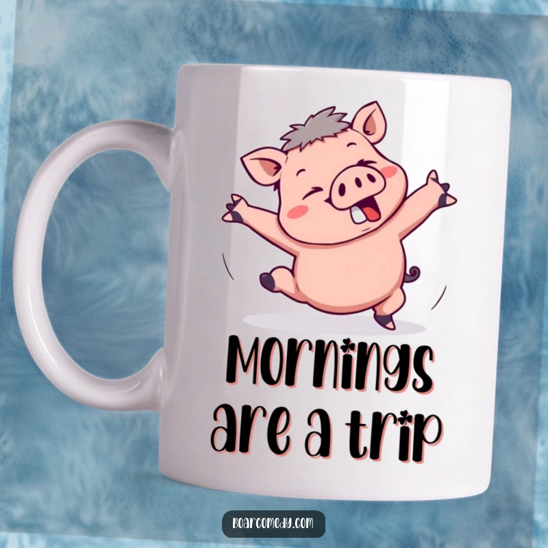 Funny Kawaii Boar Tripping Mug: A kawaii boar is comically tripping, arms flailing wildly in a moment of adorable chaos.