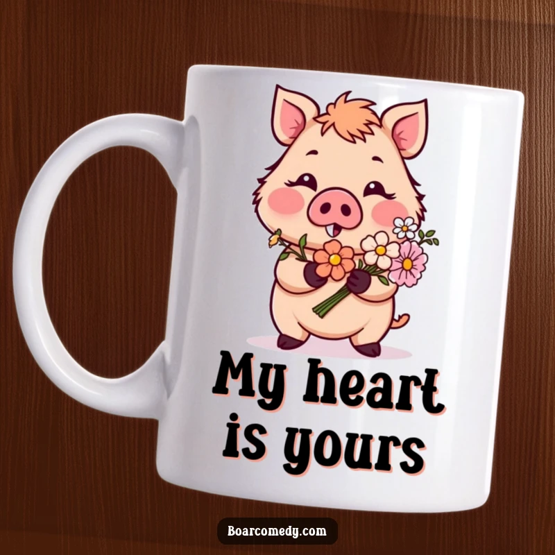 Funny mug featuring a blushing boar character shyly presenting a bouquet of colorful flowers, conveying sweet affection and humor.