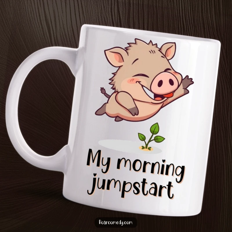 Funny mug with a cheerful boar character enthusiastically leaping over a small green sprout, showcasing determination and joy.
