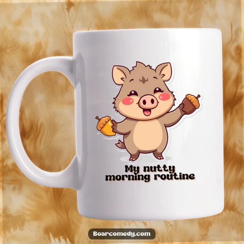 Funny Kawaii Boar character with a comical expression, enthusiastically juggling three bright acorns, perfect for a funny mug gift.