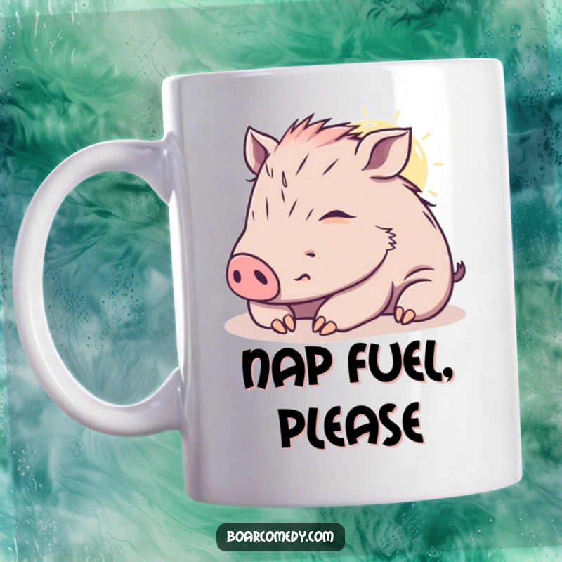Funny contented kawaii boar mug, peacefully napping in a warm sunbeam, embodying pure relaxation and contentment.