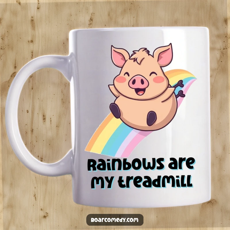 Funny mug with a plump boar character joyfully sliding down a rainbow, ears flapping, conveying pure, silly delight.