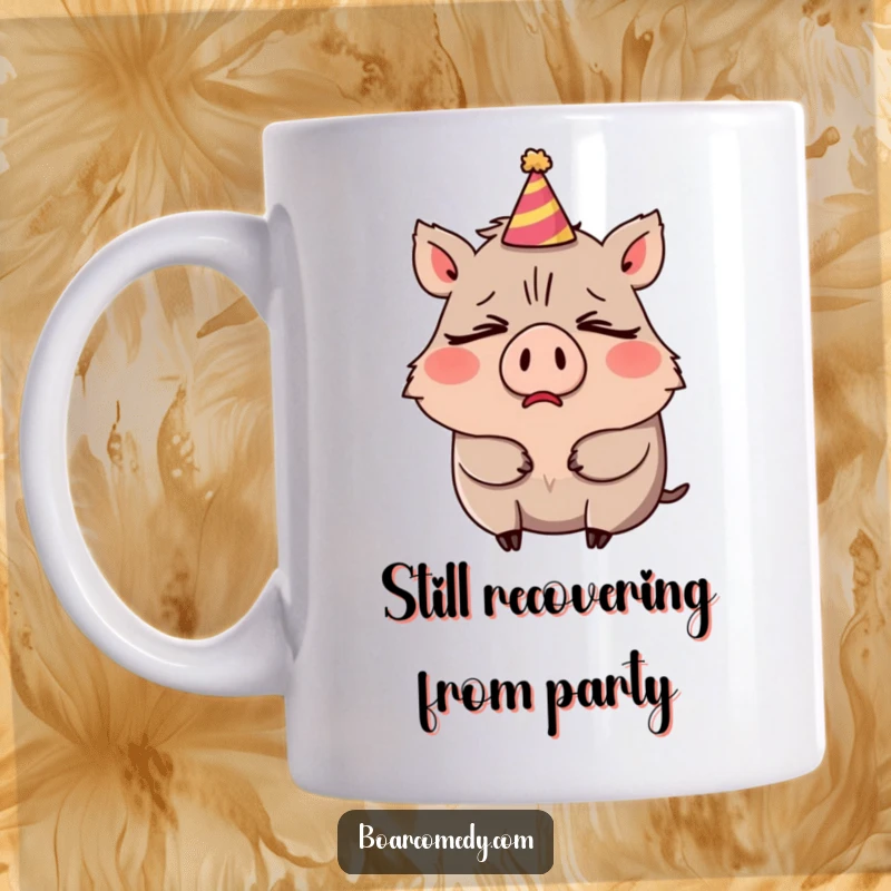 Funny mug showing a very sleepy boar character comically yawning widely, its tiny party hat askew.