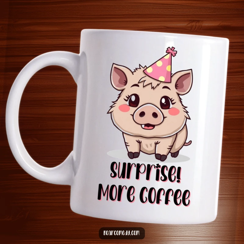 Funny cute boar wearing a tiny party hat, eyes wide with surprise and joy, on a mug.