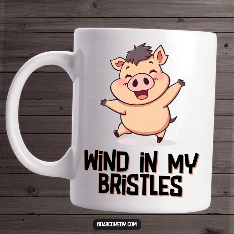 Funny mug: a cheerful, plump boar character being pushed by a strong gust of wind, grinning widely with ecstatic abandon.