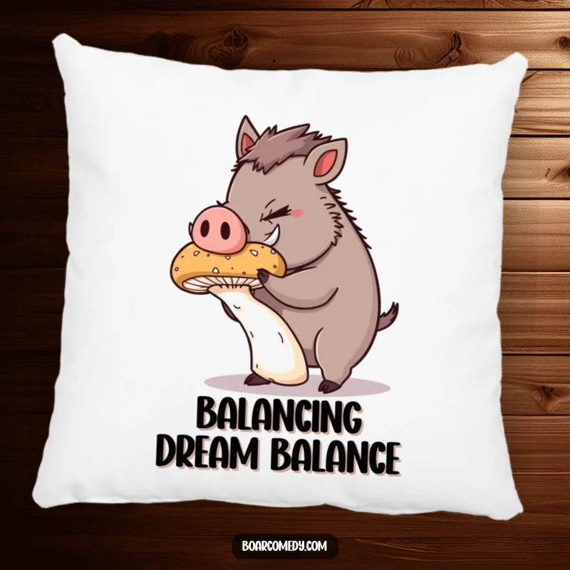 Funny Pillow: Plump boar character concentrating hard, balancing a giant, wobbly mushroom on its snout, bringing cozy focus.
