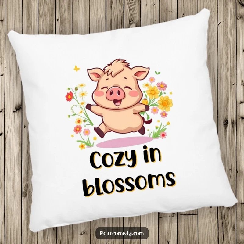 Funny Bouncing Boar Pillow, a soft cushion showcasing a happy pig surrounded by blooming wildflowers. A cozy funny gift.