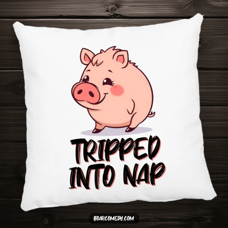 Funny Pillow: Small, round boar character with a funny expression, tripping slightly, offering soft comfort and humorous appeal.