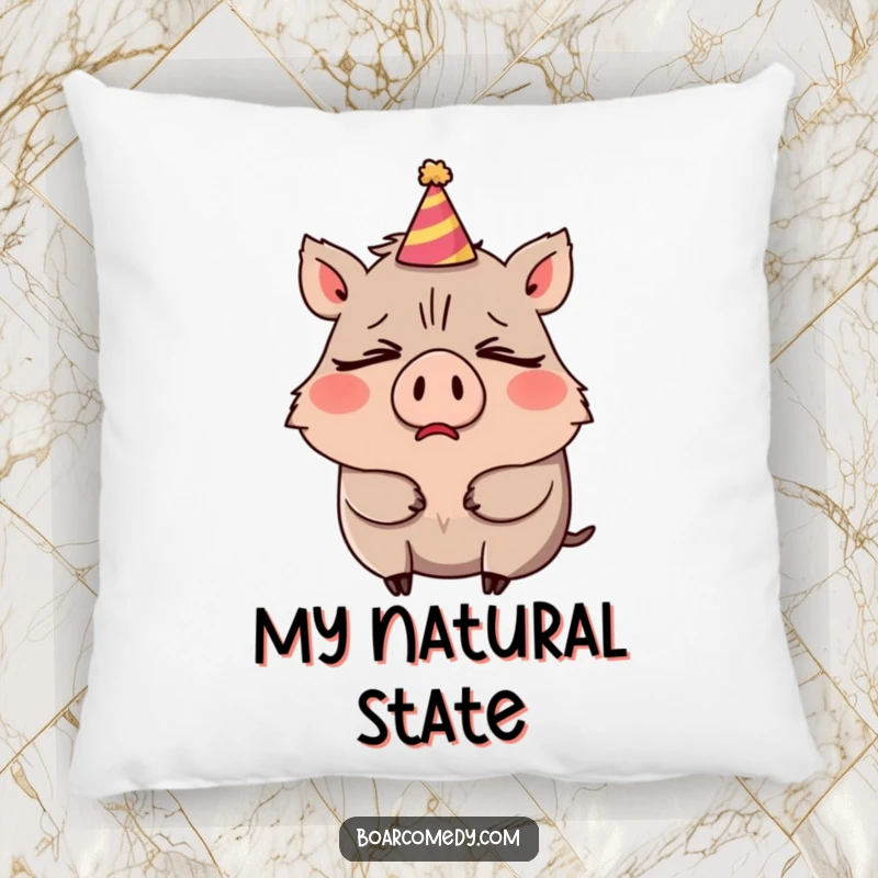 Funny decorative pillow featuring a sleepy boar character comically yawning, with a small party hat askew.