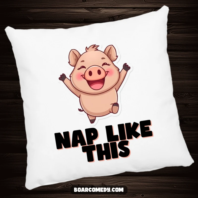 Funny round boar character leaping joyfully with a giant smile, on a soft and cuddly pillow.