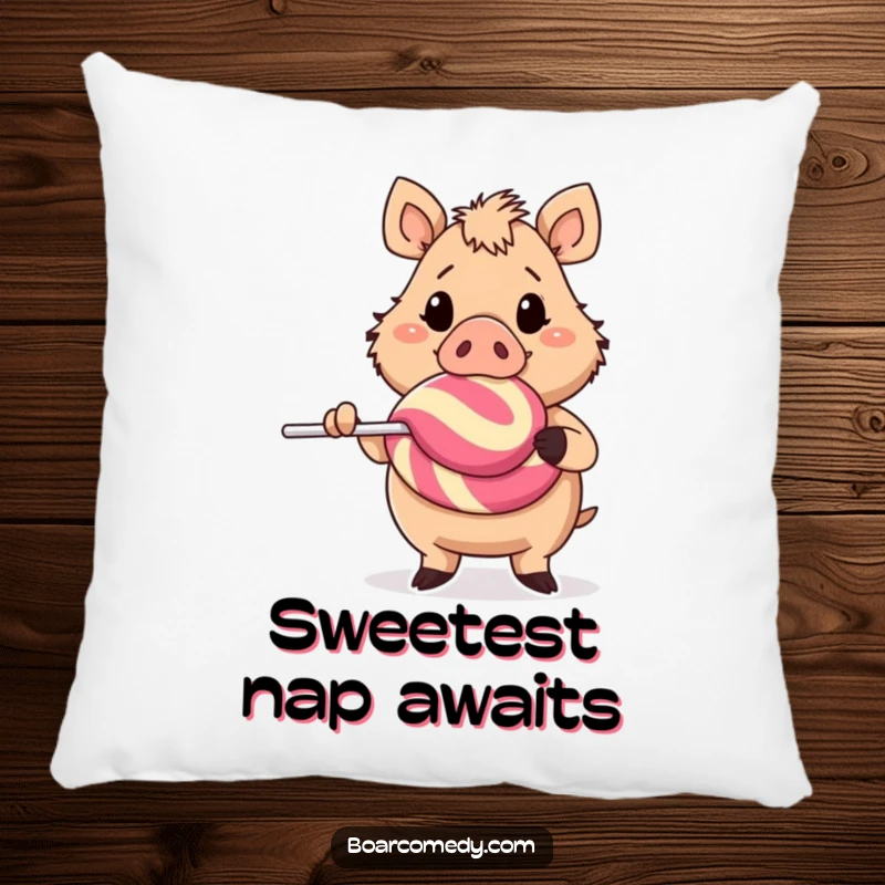 Funny cheerful boar character holding a massive lollipop, a soft and cuddly pillow design for sweet comfort.