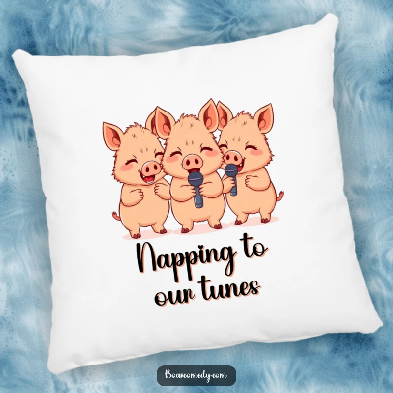 Funny cute boars giggling while holding tiny microphones, a soft and cuddly pillow design for comedic comfort.