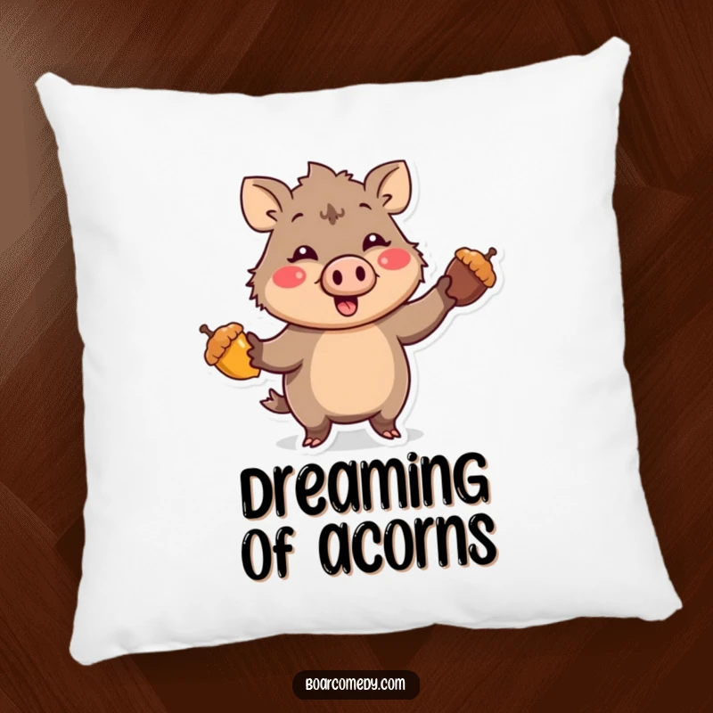 Funny Kawaii Boar character with a comical expression, enthusiastically juggling three bright acorns, on a plush and comfortable decorative pillow.
