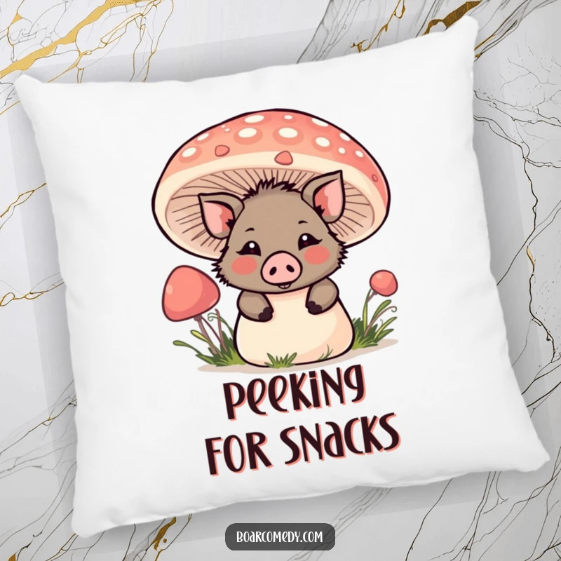 Funny Kawaii Boar Pillow: A sweet kawaii boar playfully peeks from behind a large mushroom, creating a sense of cozy hideaway.