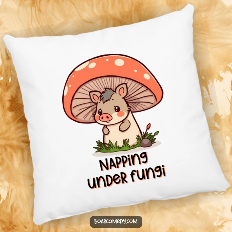 Funny soft pillow featuring a kawaii boar peeking from behind a giant mushroom, perfect for cuddling or decoration.