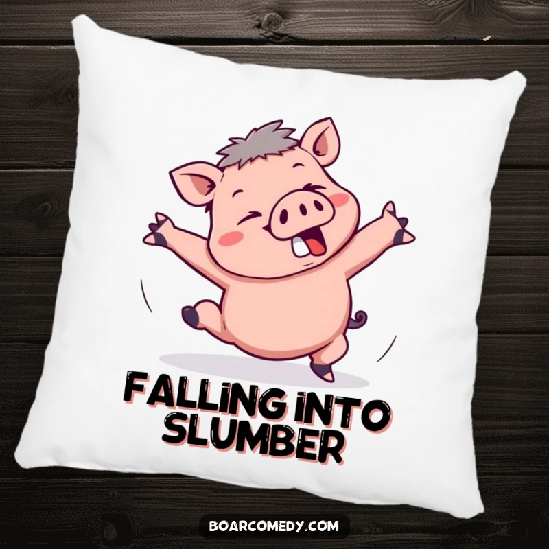 Funny Kawaii Boar Pillow: A sweet kawaii boar is shown tripping, its arms flailing comically in a moment of adorable disarray.