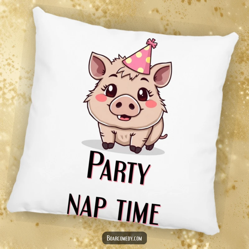 Funny cute boar wearing a tiny party hat, eyes wide with surprise and joy, on a pillow.