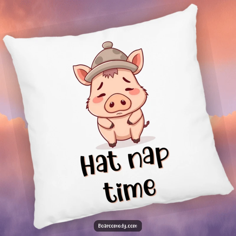 Funny pillow featuring a confused boar character sporting a comically oversized tiny hat, offering soft and humorous decor.