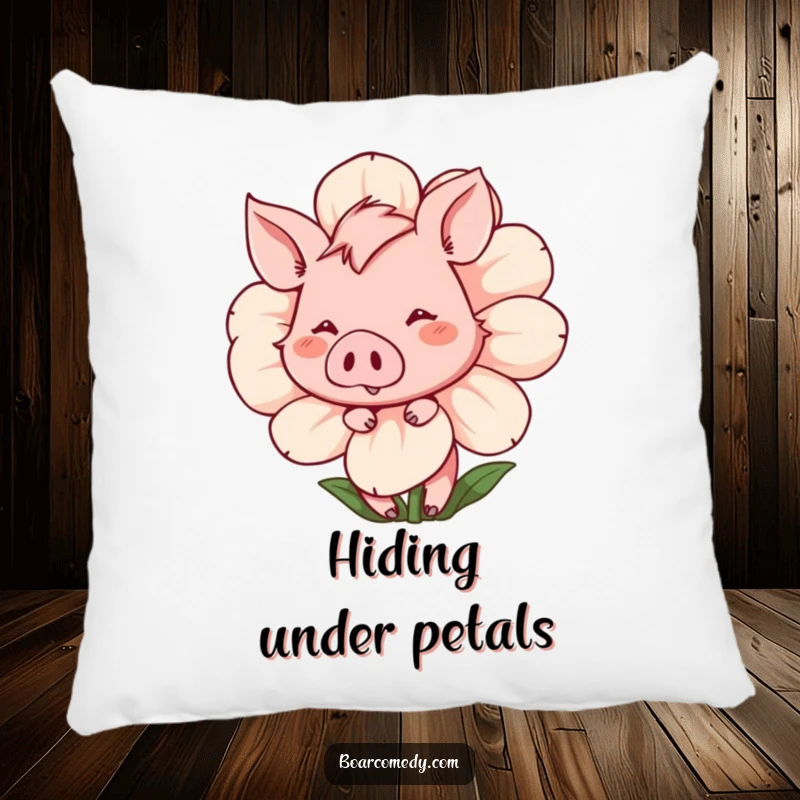 Funny Pillow: Shy, blushing boar peeking from behind a large flower, smiling bashfully, bringing sweet comfort.