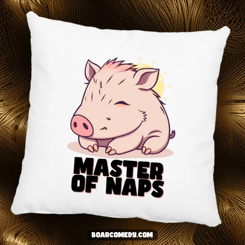 Funny kawaii boar pillow showing a content boar napping peacefully in a sunbeam, bringing soft, comforting relaxation.