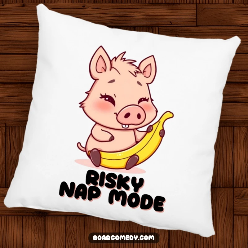 Funny winking boar character holding a small banana peel, a soft and cuddly pillow design for playful comfort.