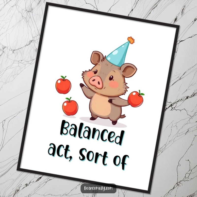 Funny Digital Art Print: Cute boar wearing a party hat, humorously juggling three apples, downloadable art for instant cheer.
