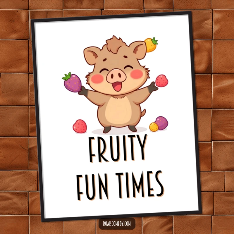 Funny digital art print of a small boar character enthusiastically juggling three brightly colored berries, a charming display of artistic dexterity.