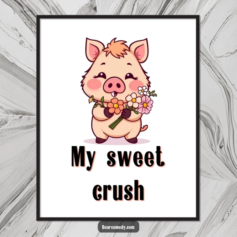 Funny digital art print of a blushing boar character offering flowers, perfect for instant romantic and humorous wall decor, a downloadable funny gift.