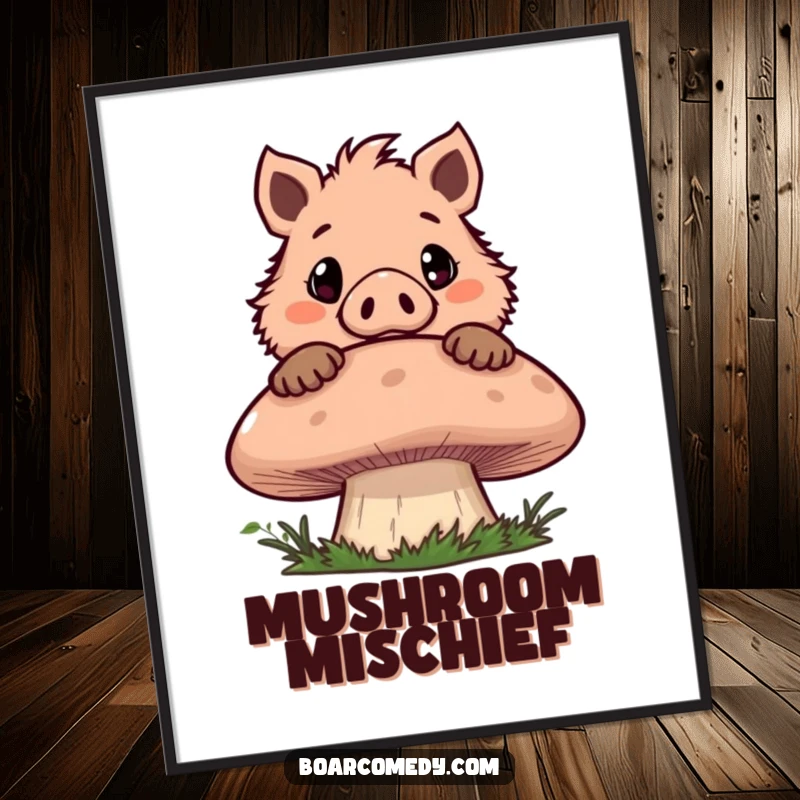 Funny digital art print of a mischievous boar character peeking over a giant mushroom with wide eyes, bringing whimsical humor to any room.