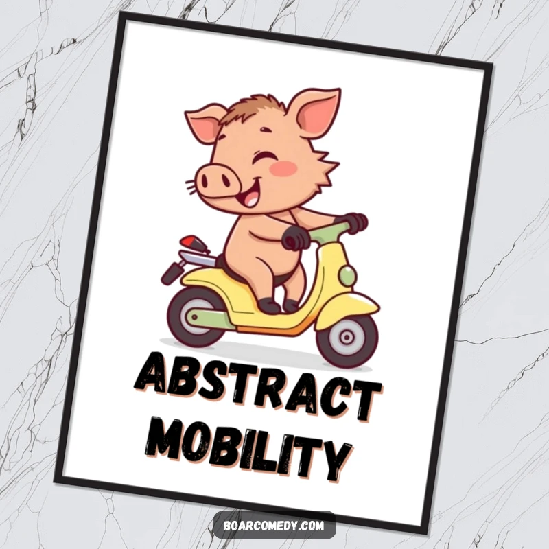 Funny cheerful little boar character wobbling precariously while attempting to ride a tiny scooter, available as a high-resolution digital art print.