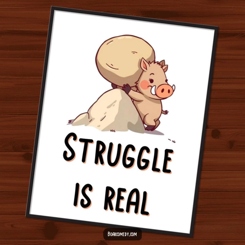 Funny digital art of a determined boar character pushing a heavy, round stone up a challenging incline.