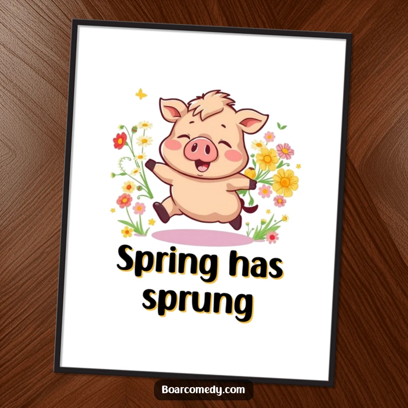 Funny Bouncing Boar Digital Art Print, a happy pig leaping with a cascade of wildflowers. An instant funny gift.