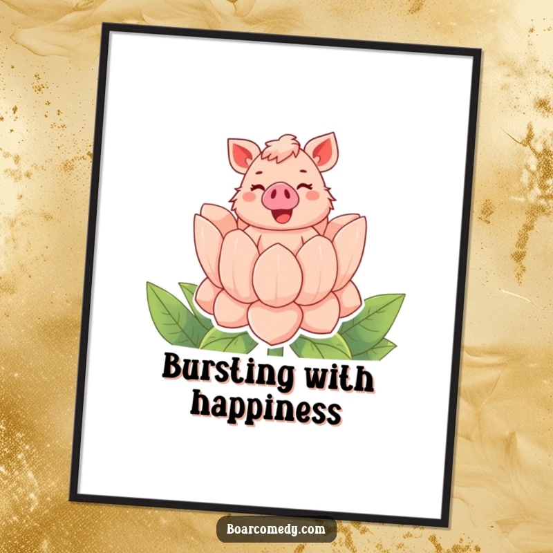 Funny digital art print of a bubbly boar character popping out of a gigantic flower with a cheerful squeal, vibrant and joyful.