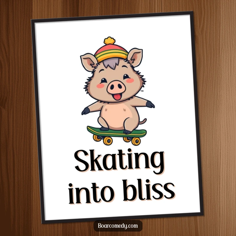 Funny digital art print of a cheerful boar wearing a tiny hat and riding a skateboard with pure joy.