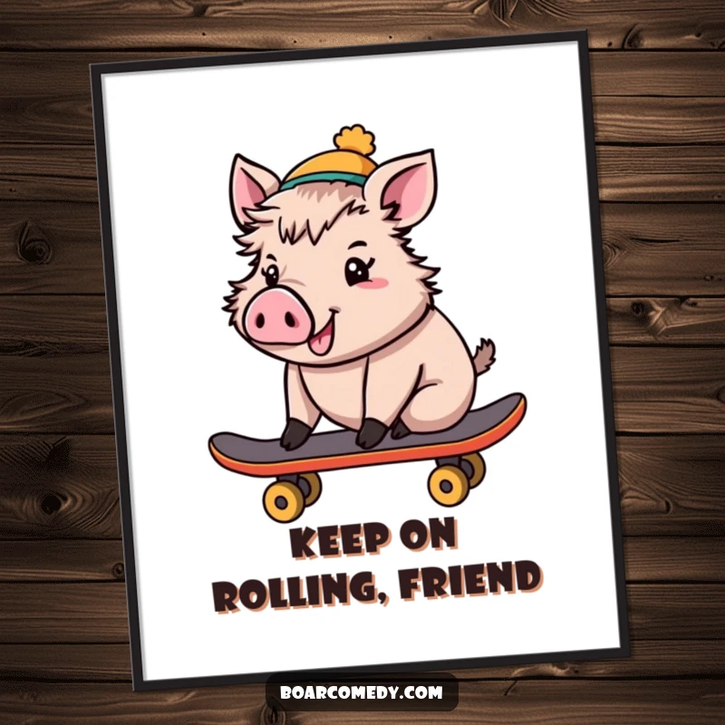 Funny Digital Art Print: Cheerful boar wearing a tiny hat, riding a skateboard, downloadable art for instant cool.