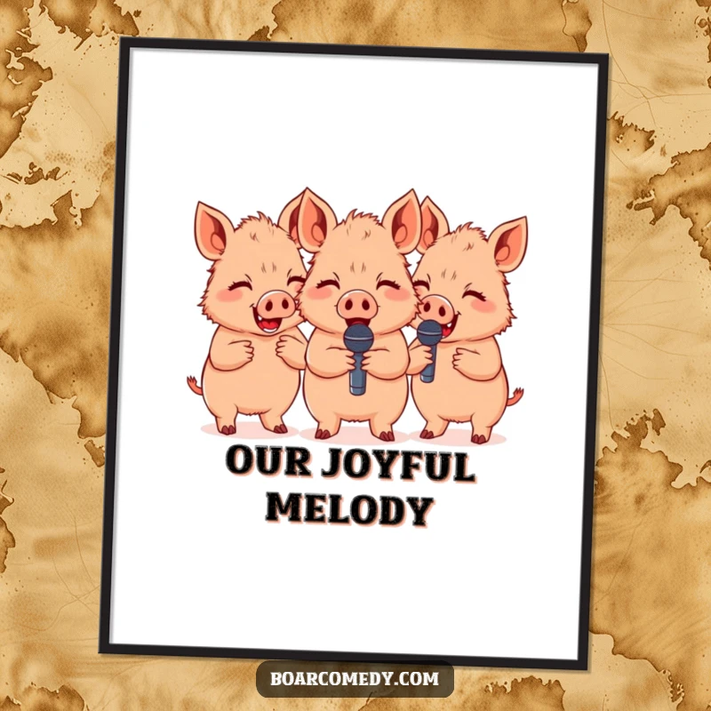 Funny group of three cute boars giggling with tiny microphones, a humorous digital art print for immediate cheer.