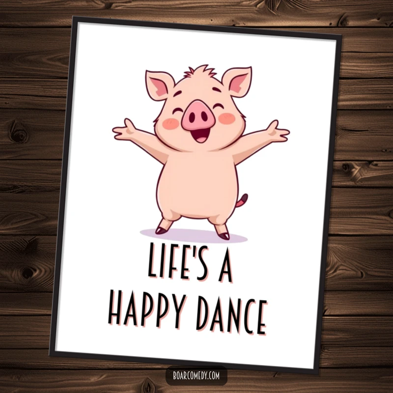 Funny Kawaii Boar Digital Art Print: A cute kawaii boar is captured mid-silly dance with arms stretched wide, full of energy.