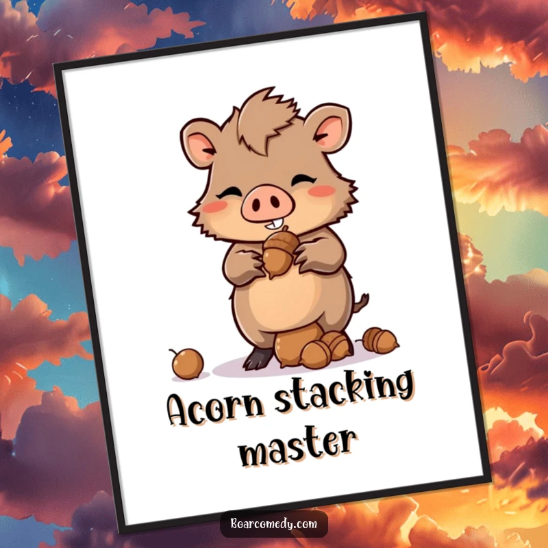 Funny Kawaii Boar Digital Art Print with a mischievous grin, balancing a stack of acorns, showcasing playful cunning.