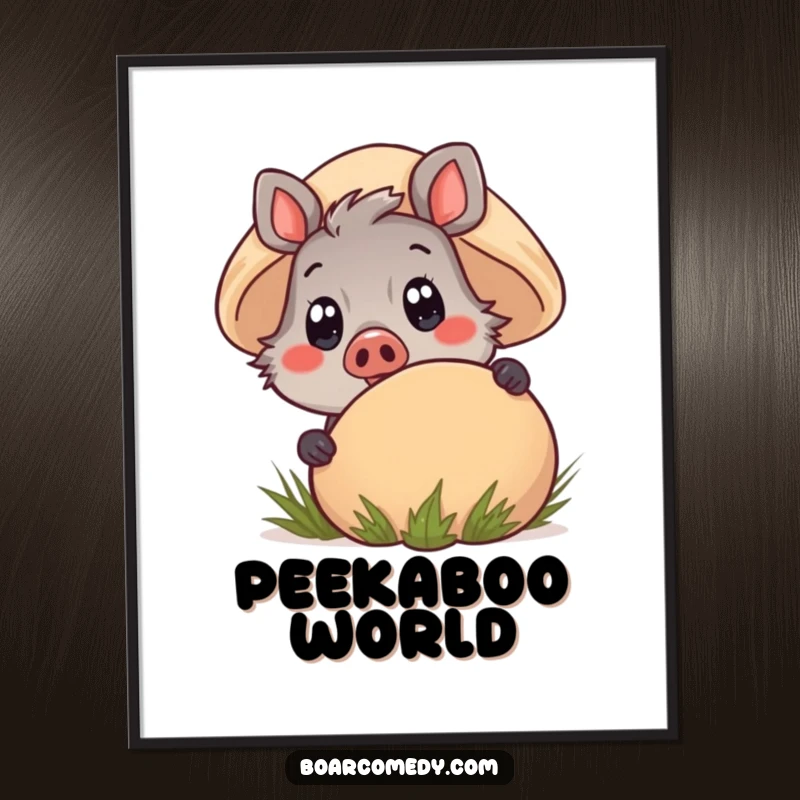Funny Kawaii Boar Digital Art Print peeking from behind a large mushroom, showcasing wide, innocent eyes and a curious spirit.