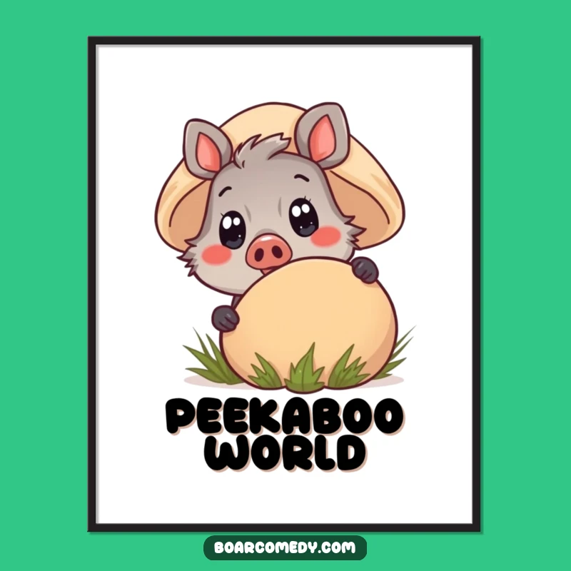 Funny Kawaii Boar Digital Art - Mushroom Peek Whimsical Print Gift
